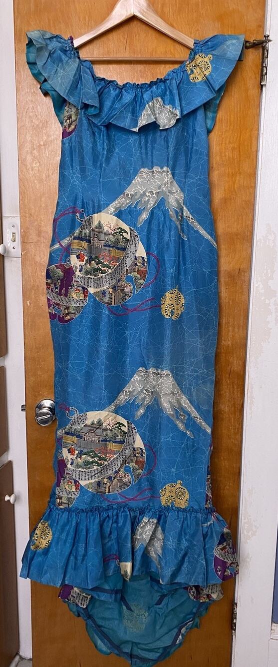 Vintage 60s Pauline Lake Royal Hawaiian Maxi Dress Gown Asian Ruffles Train Sz L